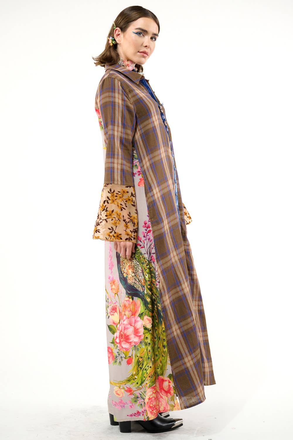 Anna Button Up Shirt Dress | Plaid Maxi | Peacock Print