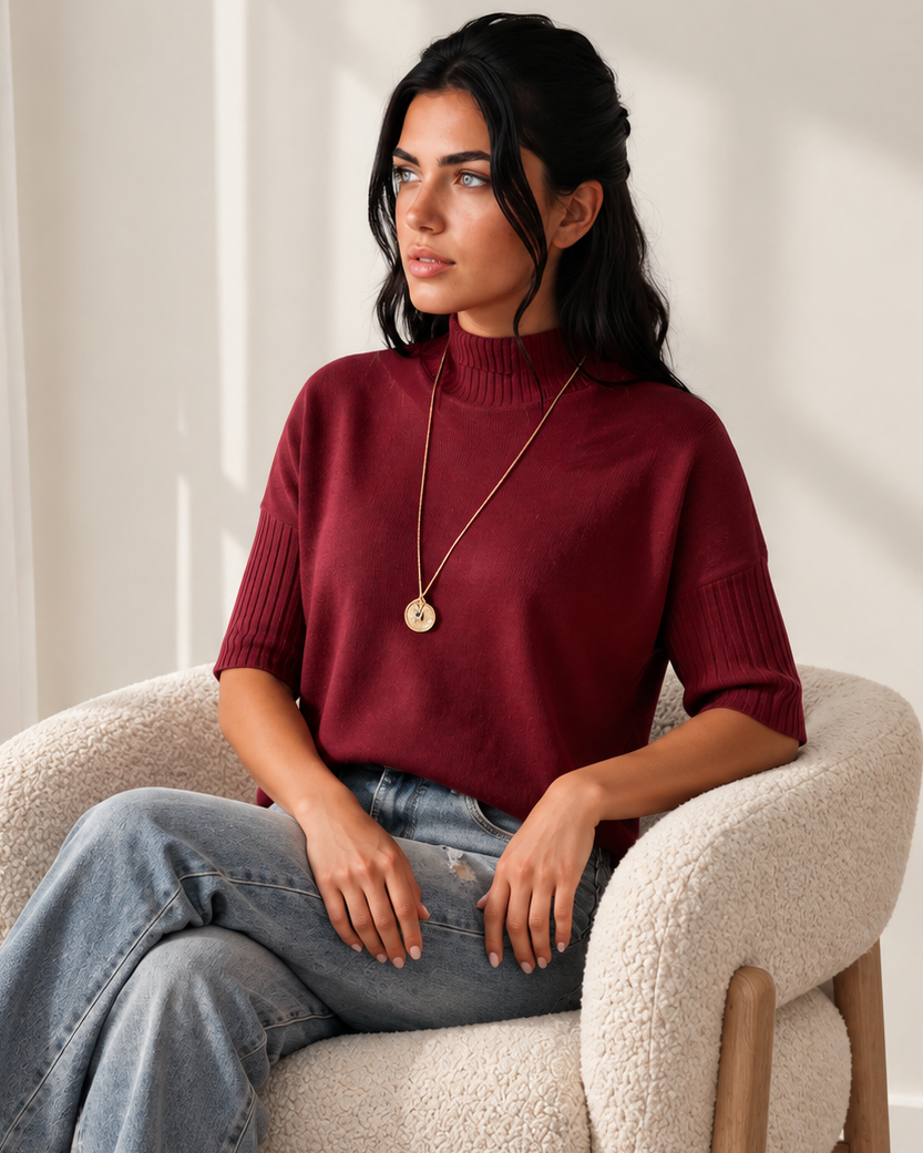 Raya High Neck Sweater | Short Sleeve Knit Top