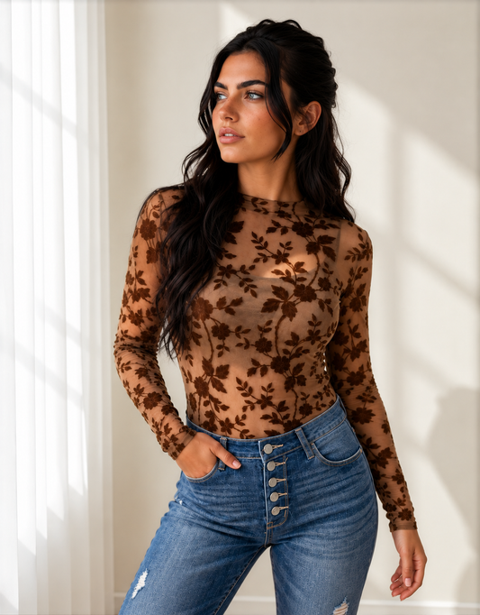 Ruby Floral Mesh Top | Sheer Long Sleeve Layering Top