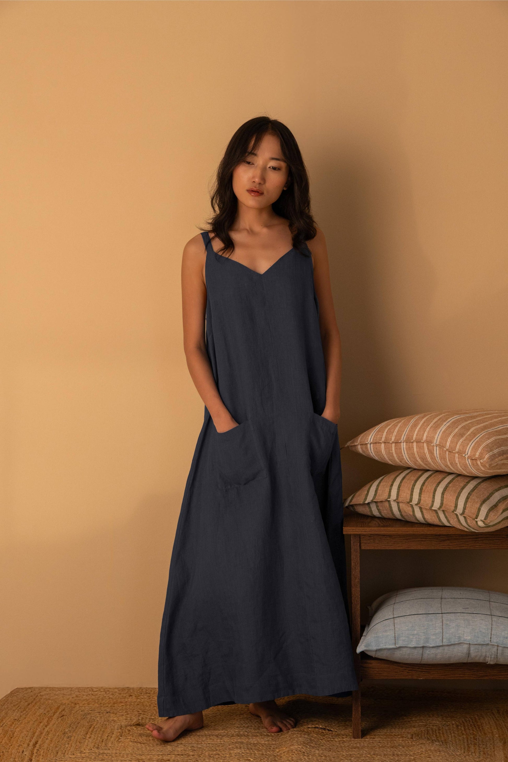 marcella linen dress 100% Linen Shirred Waistline Patch Pocket Midi Dress MARCELLA LINTICO