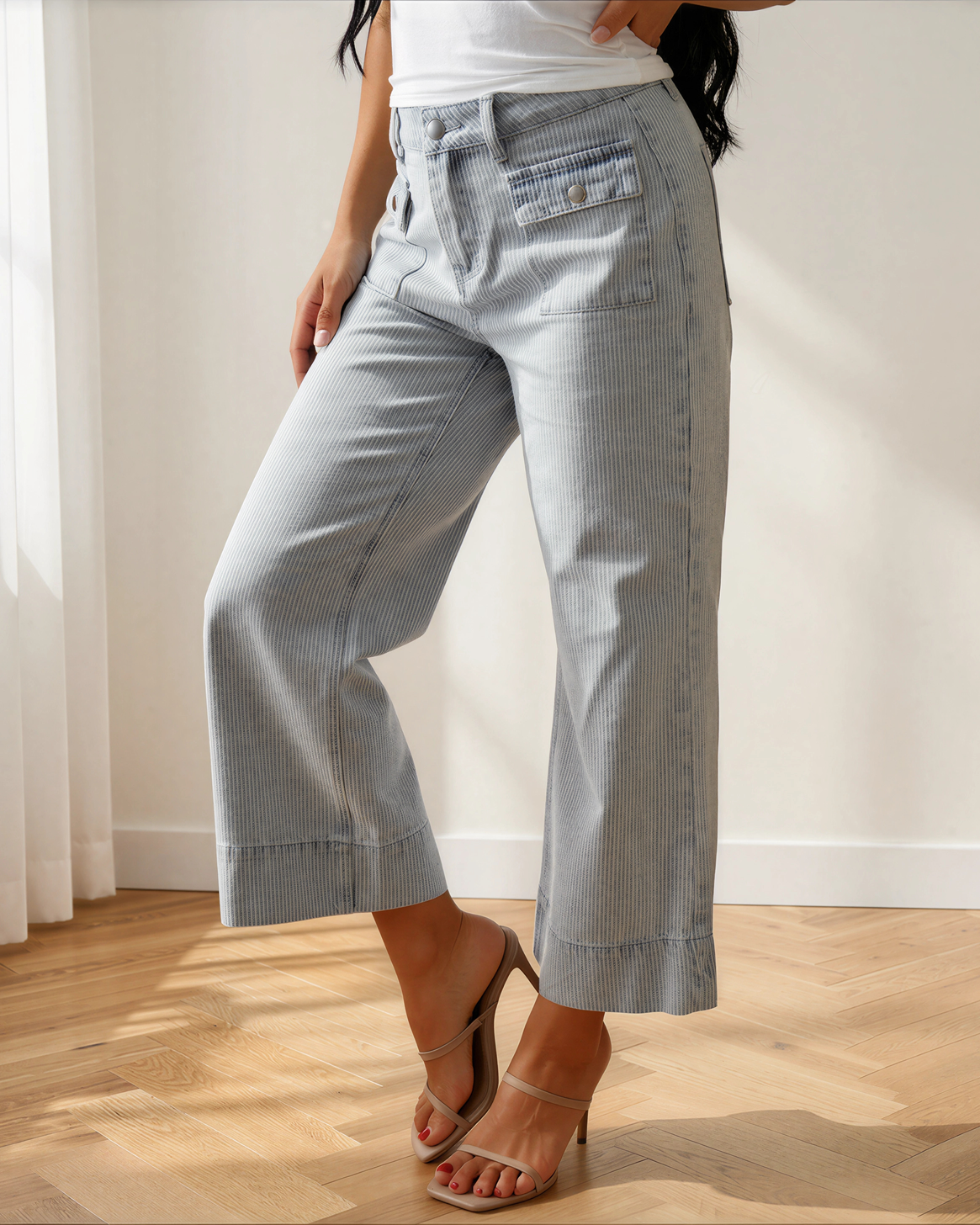 Camille Sky Blue Stripe Wide Leg Jeans | Cuffed Denim
