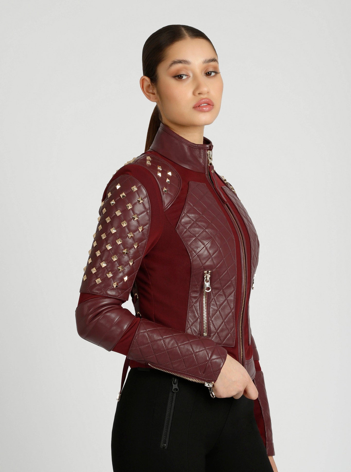 Pyramid Stud Mesh Genuine Leather Moto Jacket