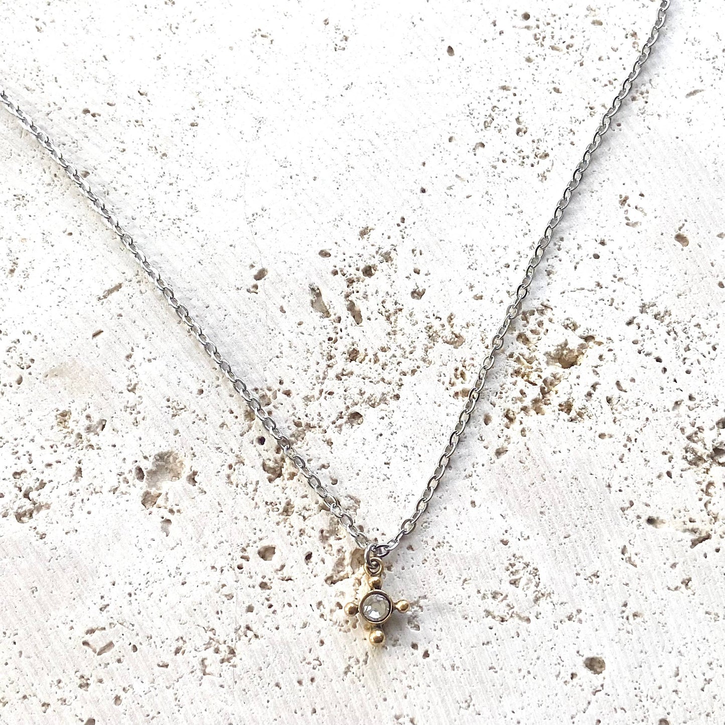 Tiny cross necklace with clear crystal religious mixed metal