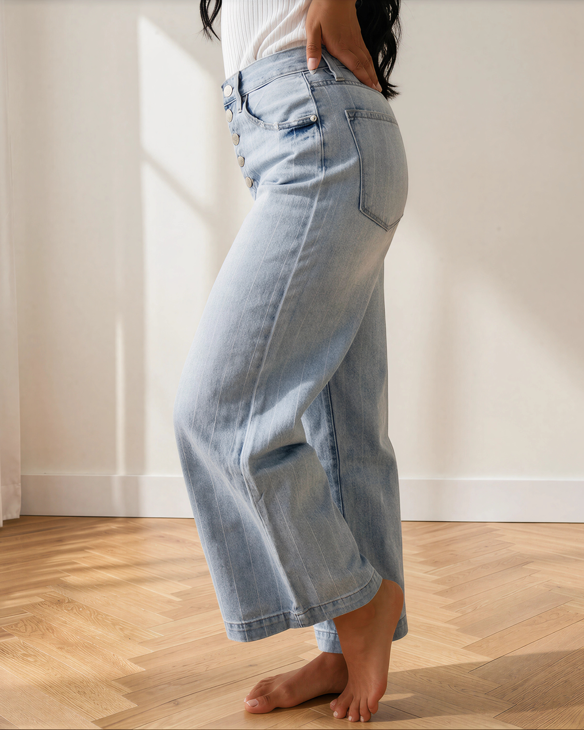 Veronica Pinstripe Wide Leg Jeans | Multi Button Denim