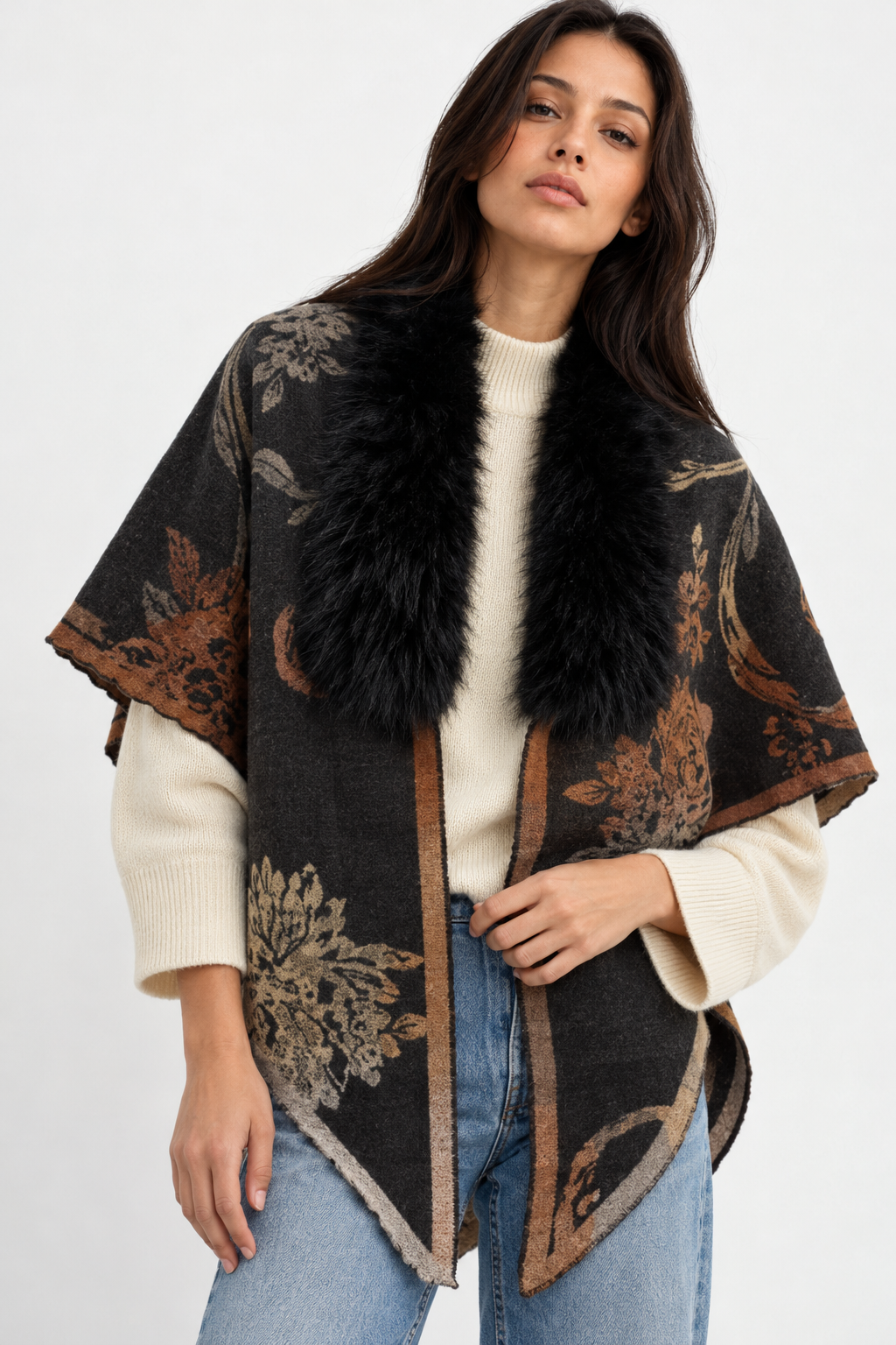 Faux Fur Trim Floral Triangle