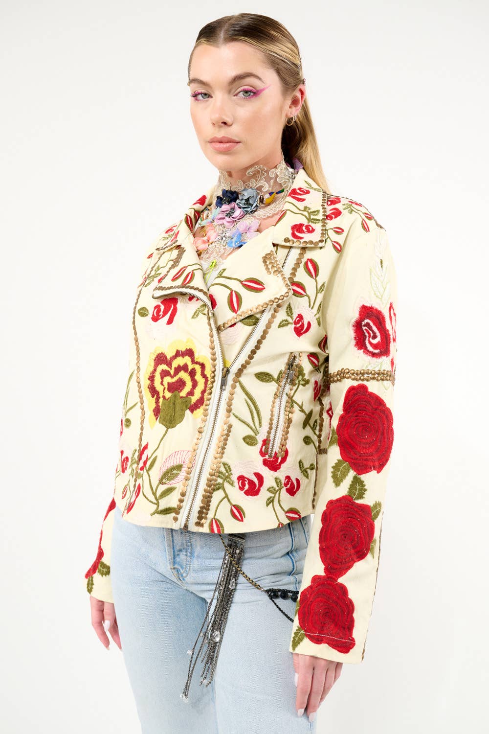 Carmen Embroidered Denim Motorcycle Jacket