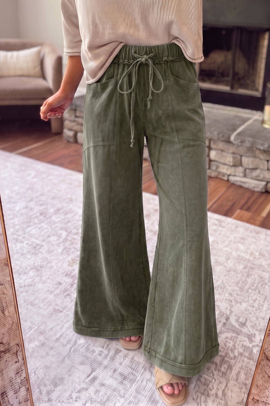 Jungle Green Mineral Wash Flare Pants | Drawstring Cotton Pa