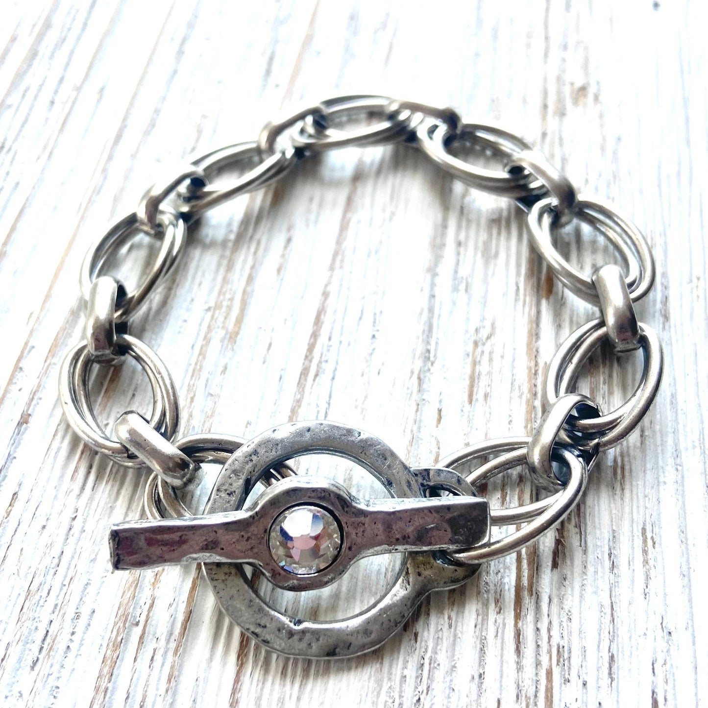 Chunky bracelet  hammered hand casted toggle with crystal
