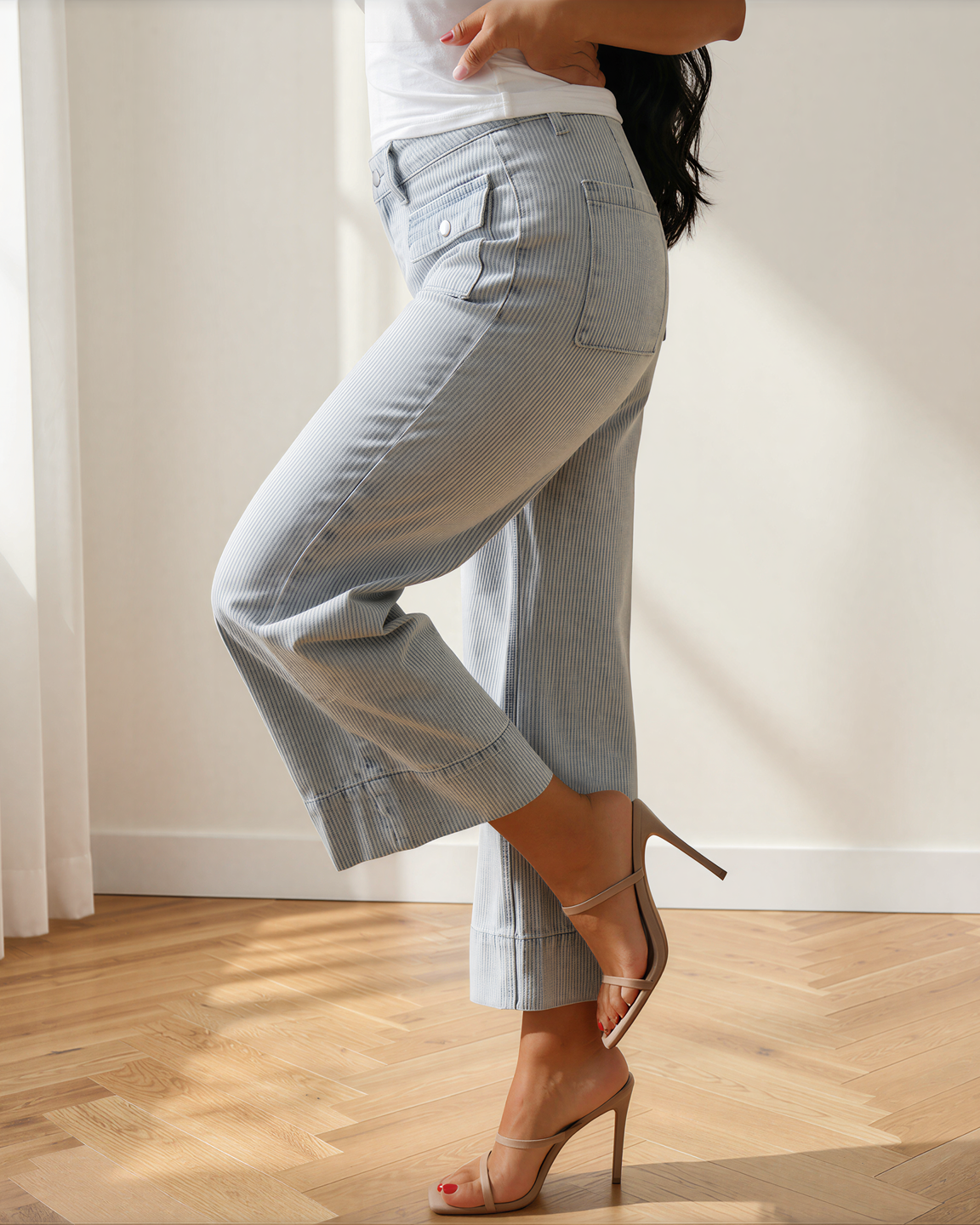 Camille Sky Blue Stripe Wide Leg Jeans | Cuffed Denim