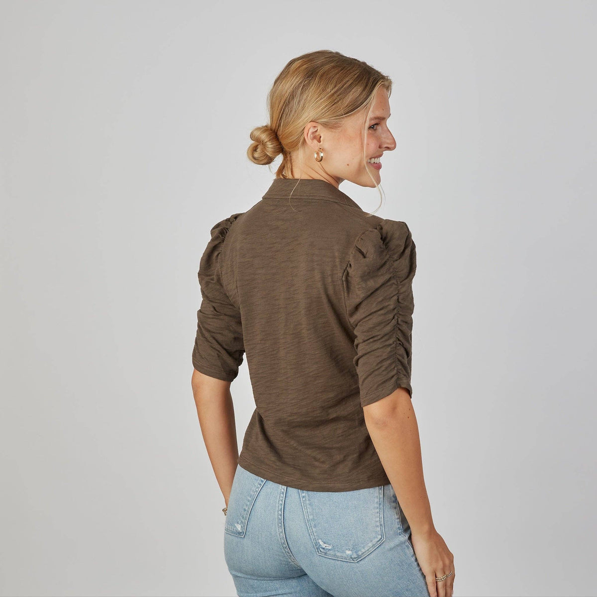 Grace Button-Up Elbow-Length Tee in Espresso Brown