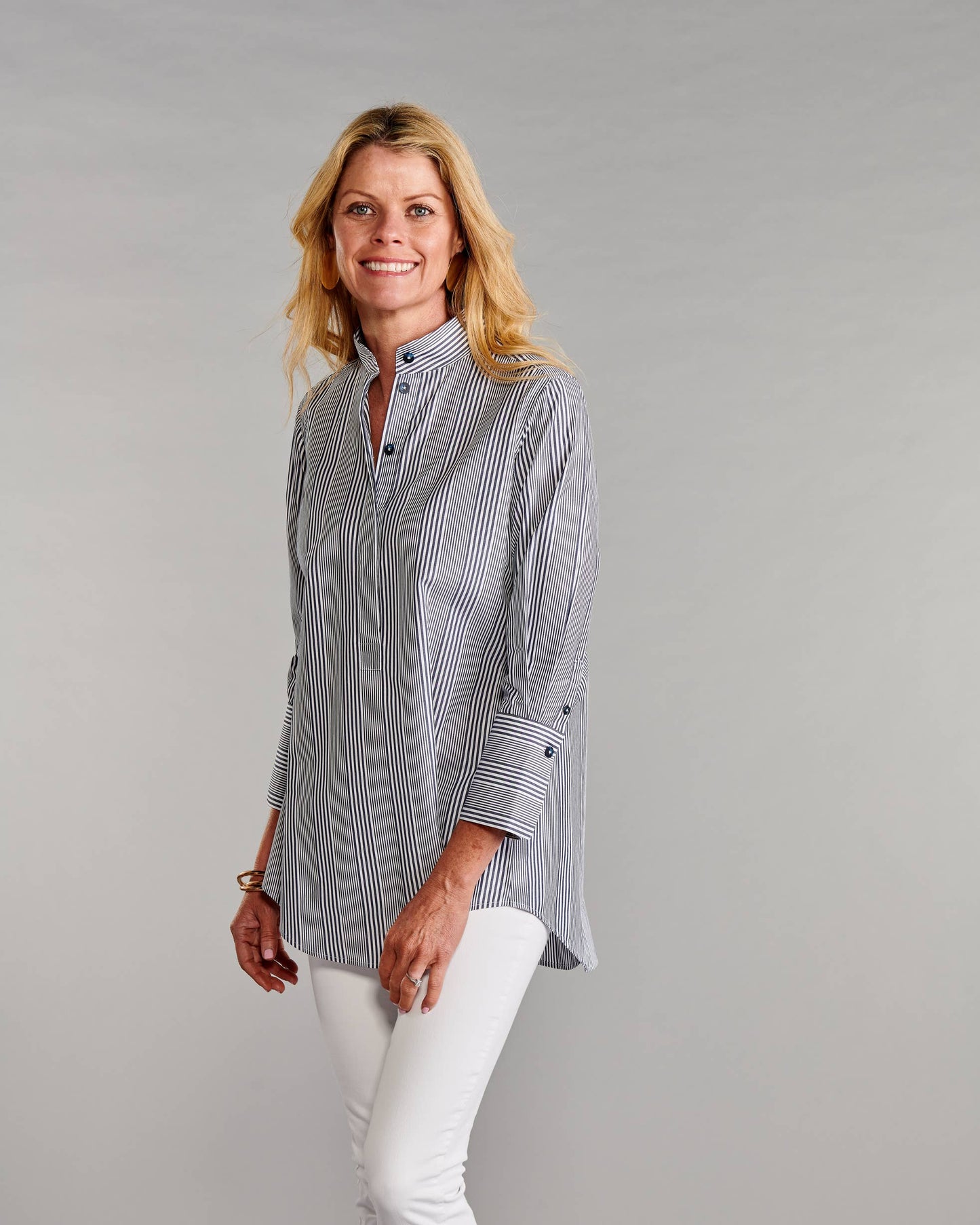 The Mandarin Tunic II in Blue with White Track Stripes