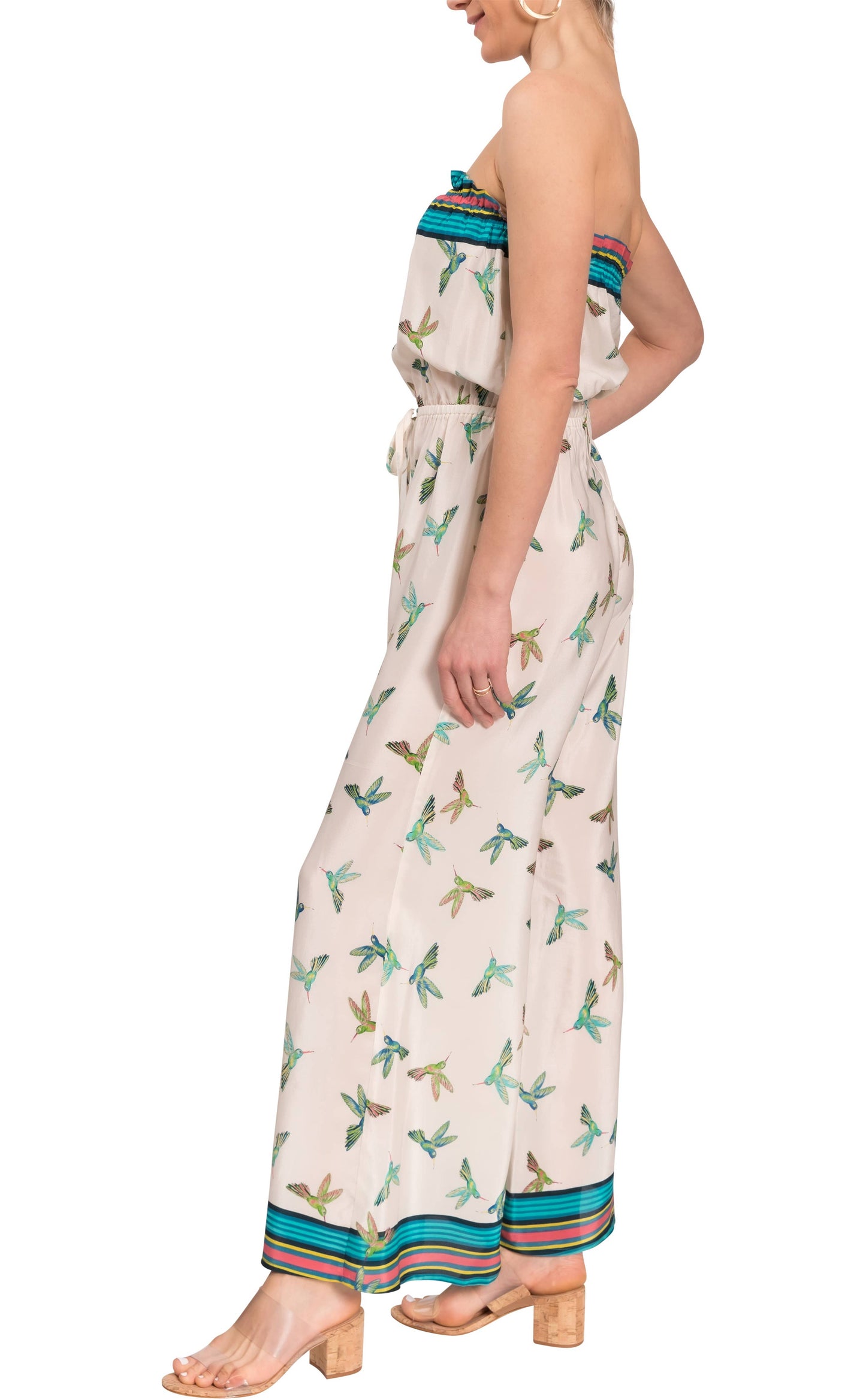Eileen Jumpsuit - Turquoise Hummingbirds Silk