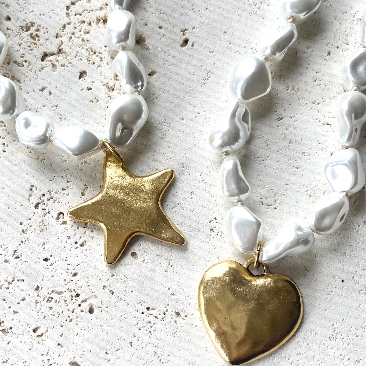 Luxe pearl strand necklace with hand casted heart or star