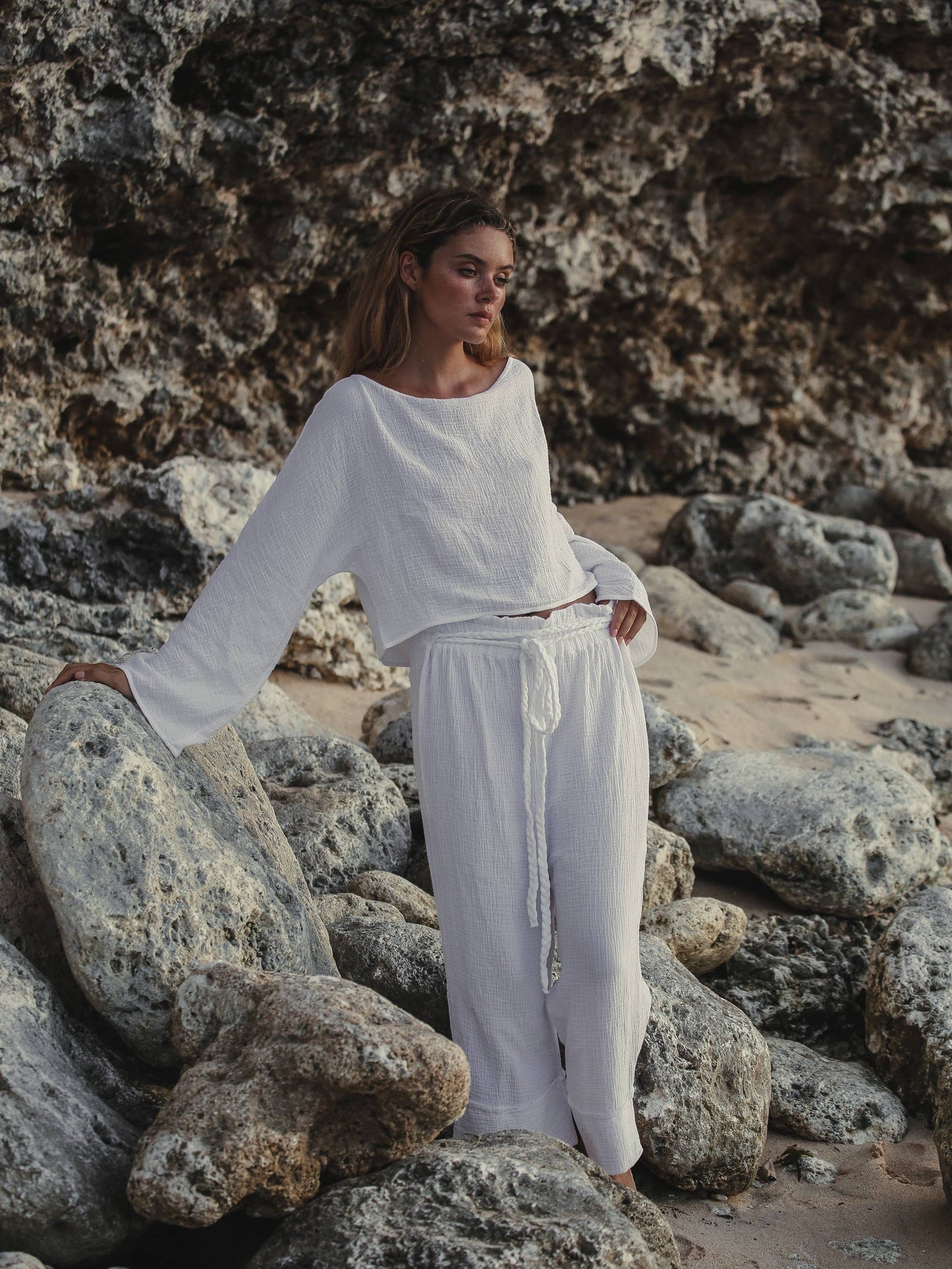 Paloma Paper Bag Pants - White | 100% Turkish Cotton Bohemia
