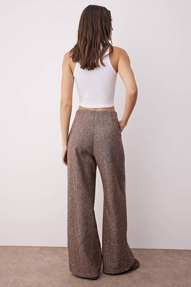 Brown Button-Detailed Winter Palazzo Pants