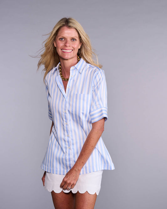 The Ava Shirt in Powder Blue Broad Stripe
