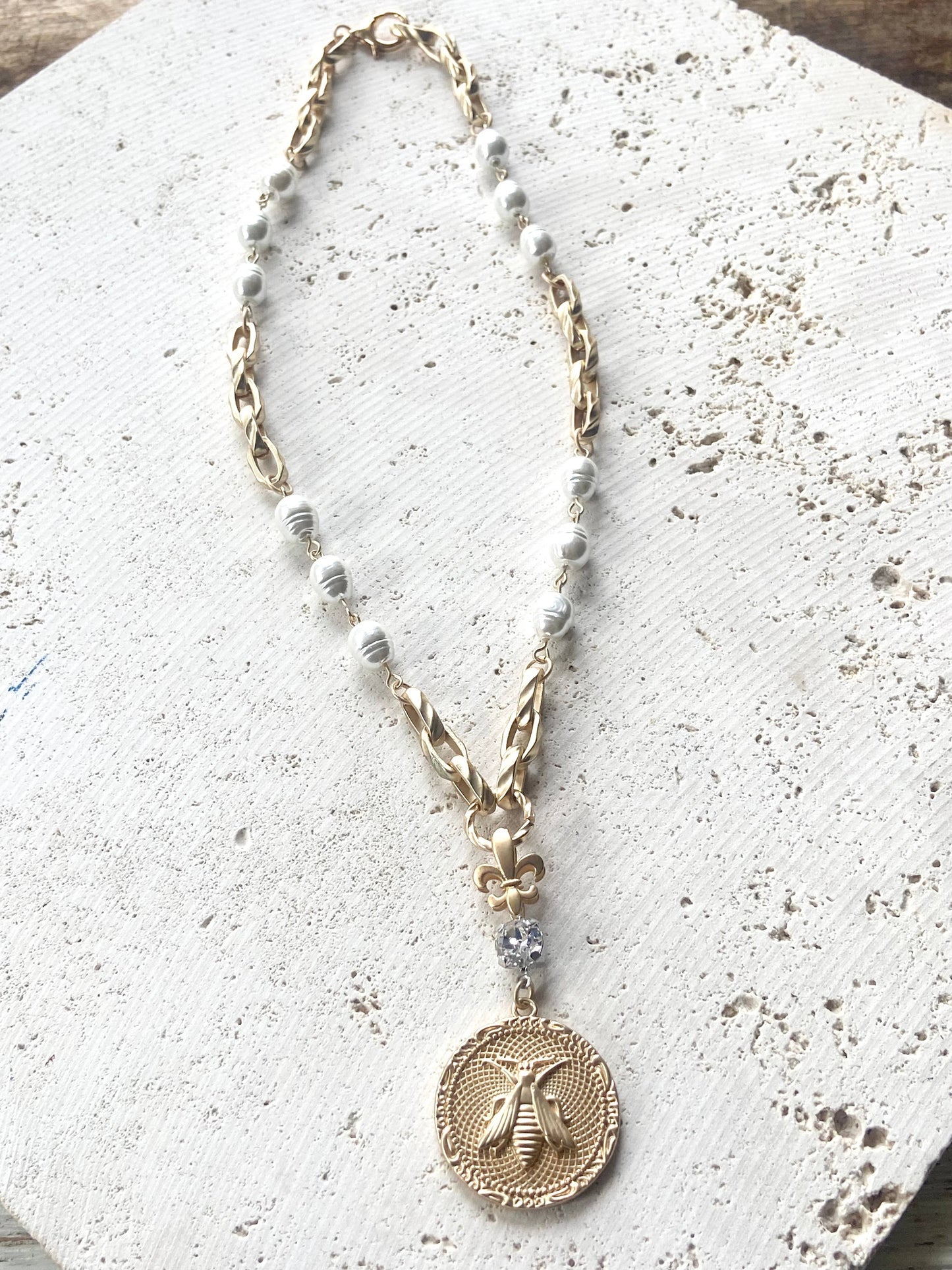 French bee coin necklace modern vintage jewelry boutique 
