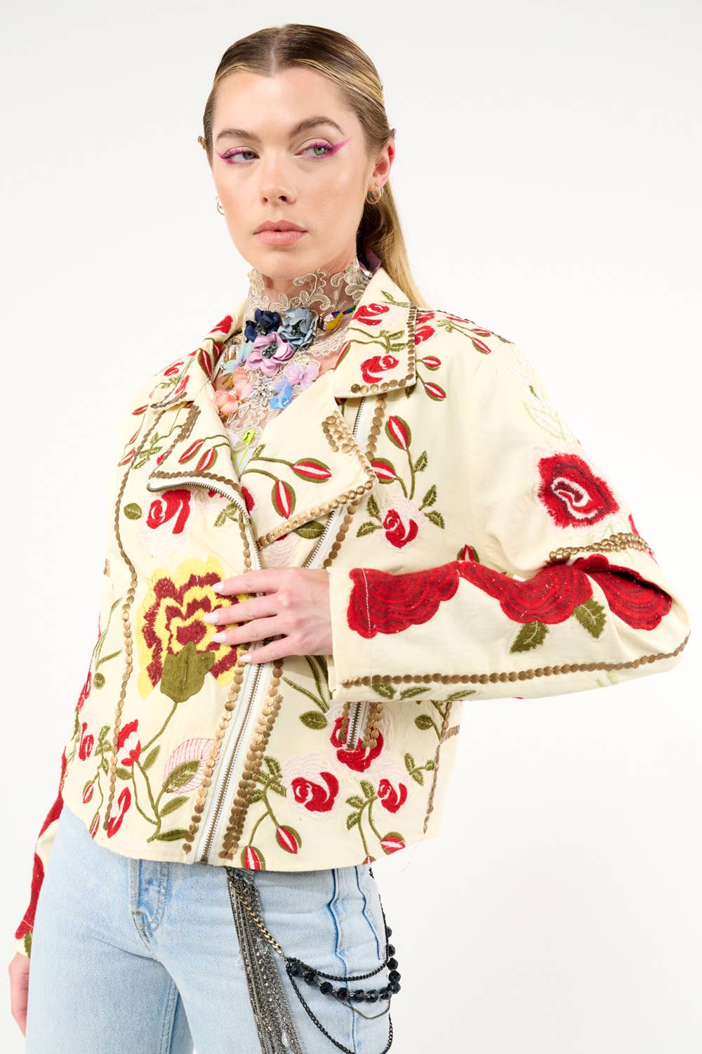 Carmen Embroidered Denim Motorcycle Jacket