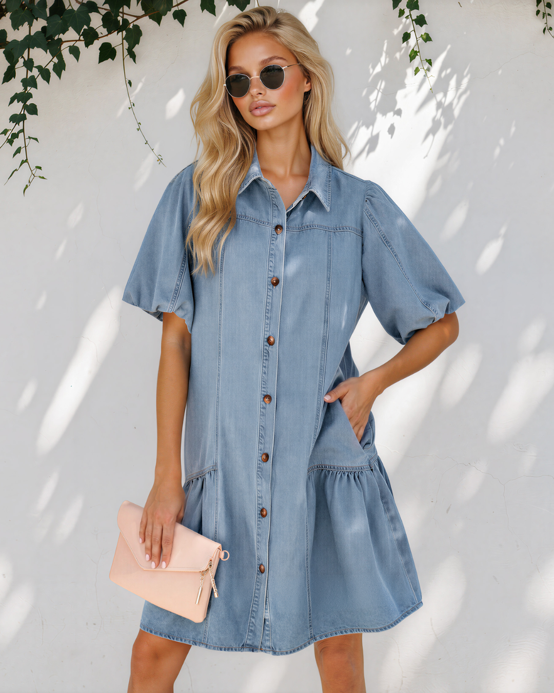 Rowen Button Down Short Puff Sleeve Ruffle Hem Patchwork Denim Dress