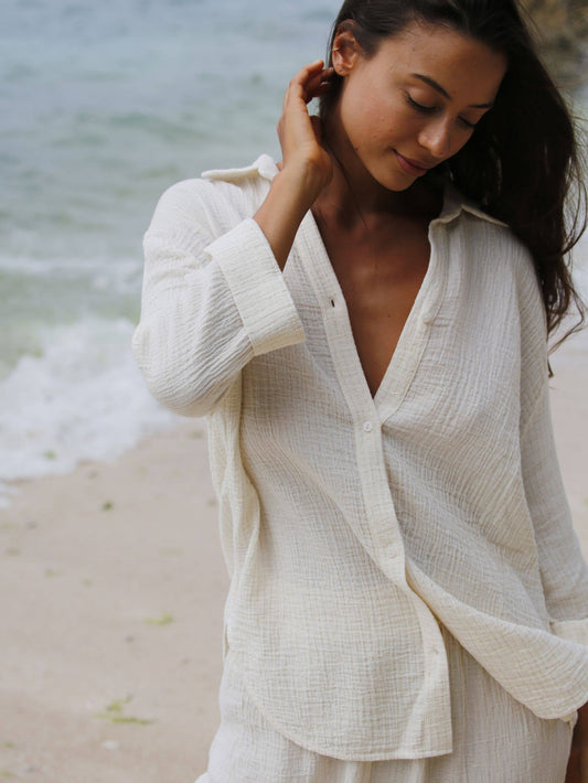 Echo Maxi Shirt - Natural With Gold Stripes | 100% Turkish O