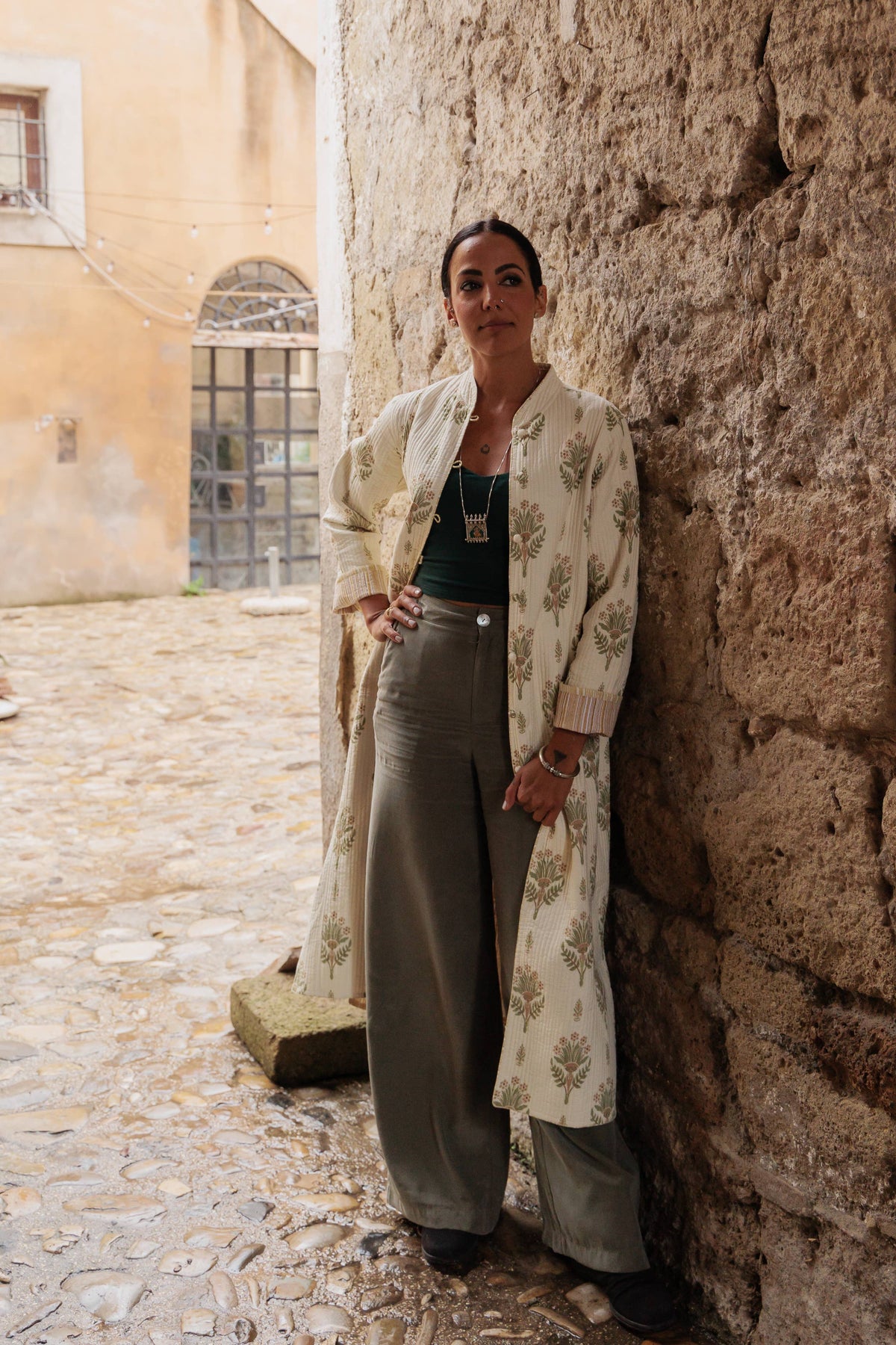 Long Quilted Daya Coat ~ Leaf & Cream