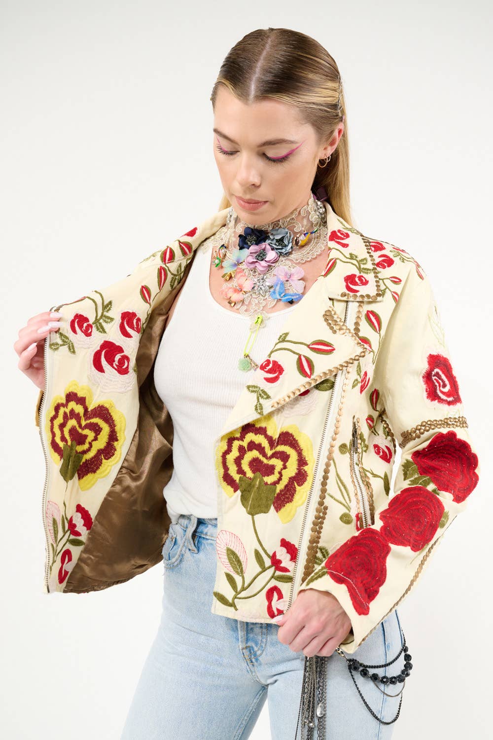 Carmen Embroidered Denim Motorcycle Jacket