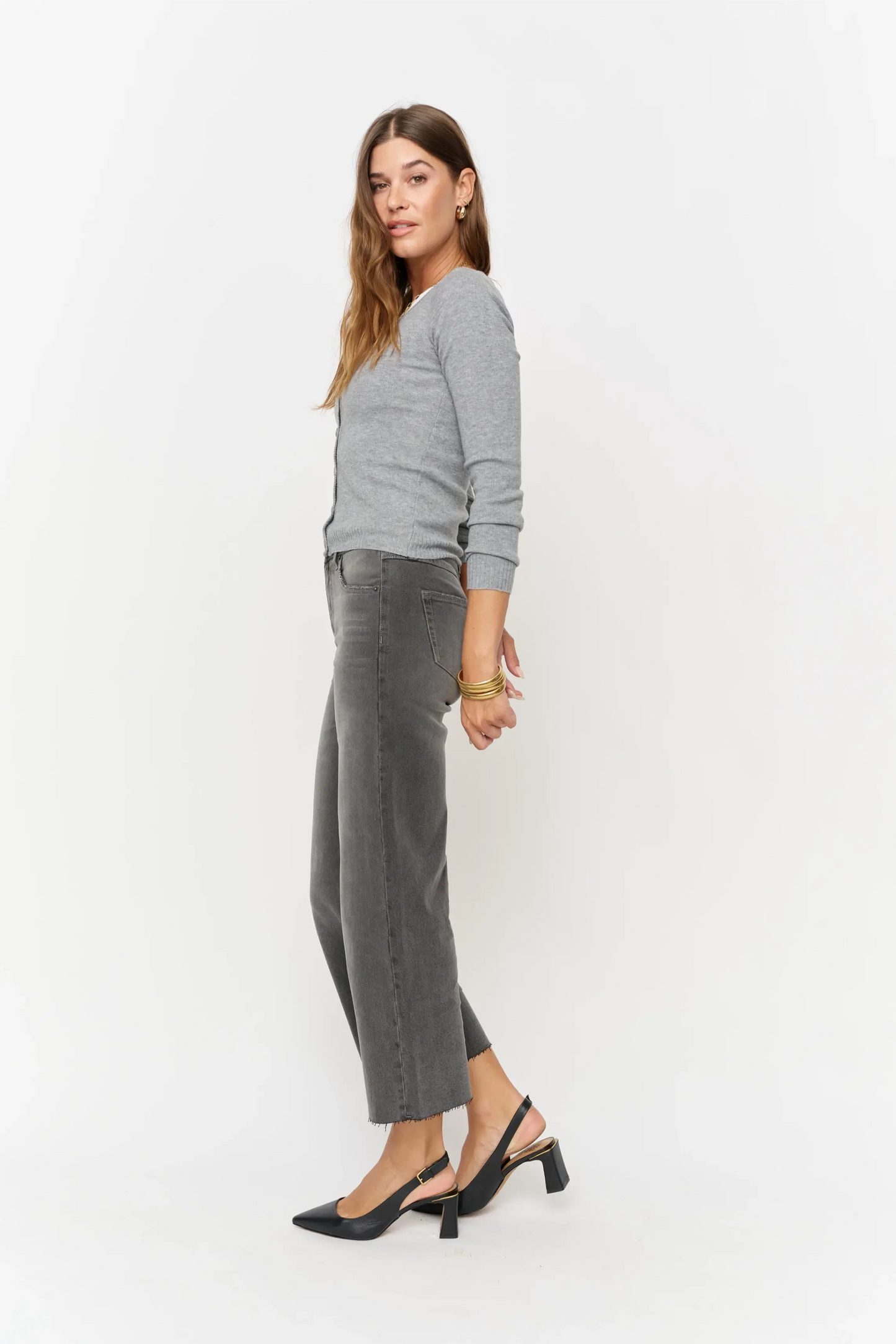 Aberdeen High Rise Wide Leg Crop Grey Worn