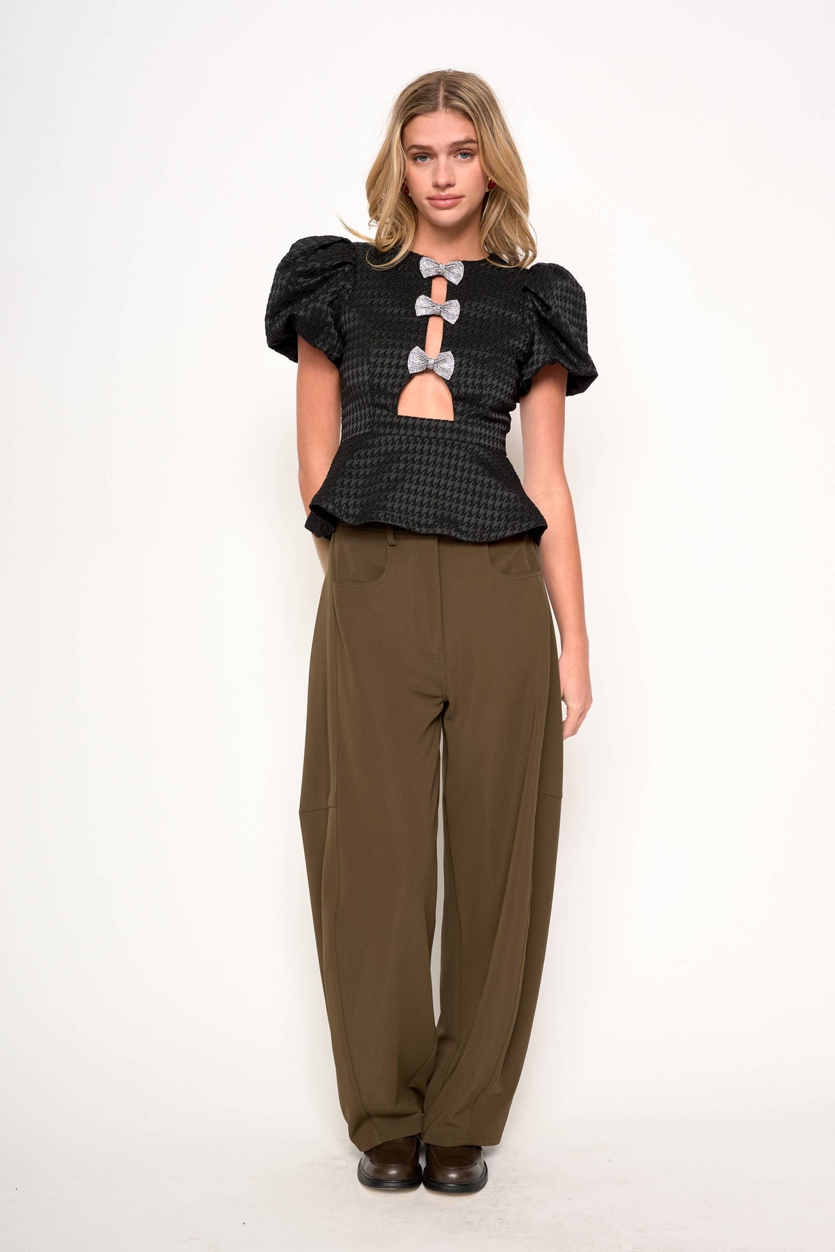 BOWIE BLACK TEXTURED HOUNDSTOOTH PUFF SLEEVE BLOUSE TOP