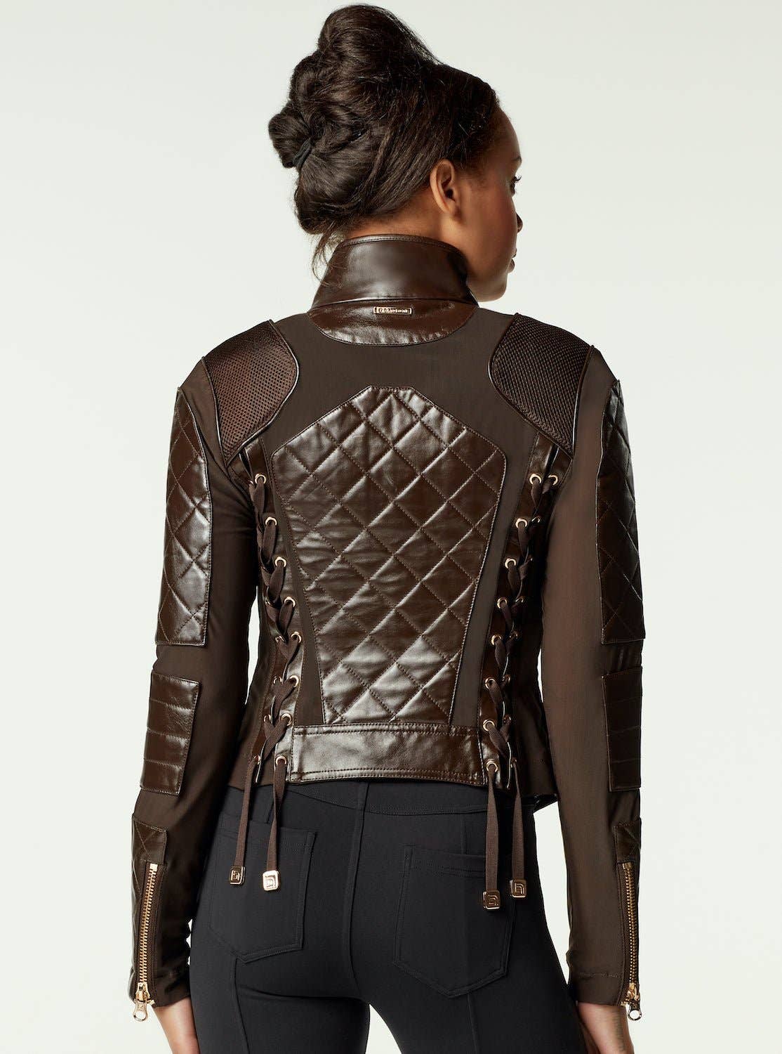 Leather Moto Mesh Jacket - Brown/Gold Trims