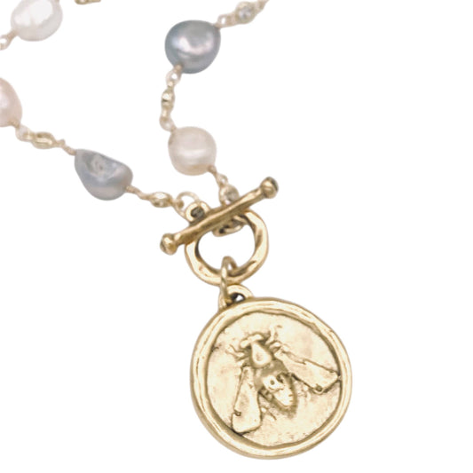 Bee coin pearl statement necklace best seller 