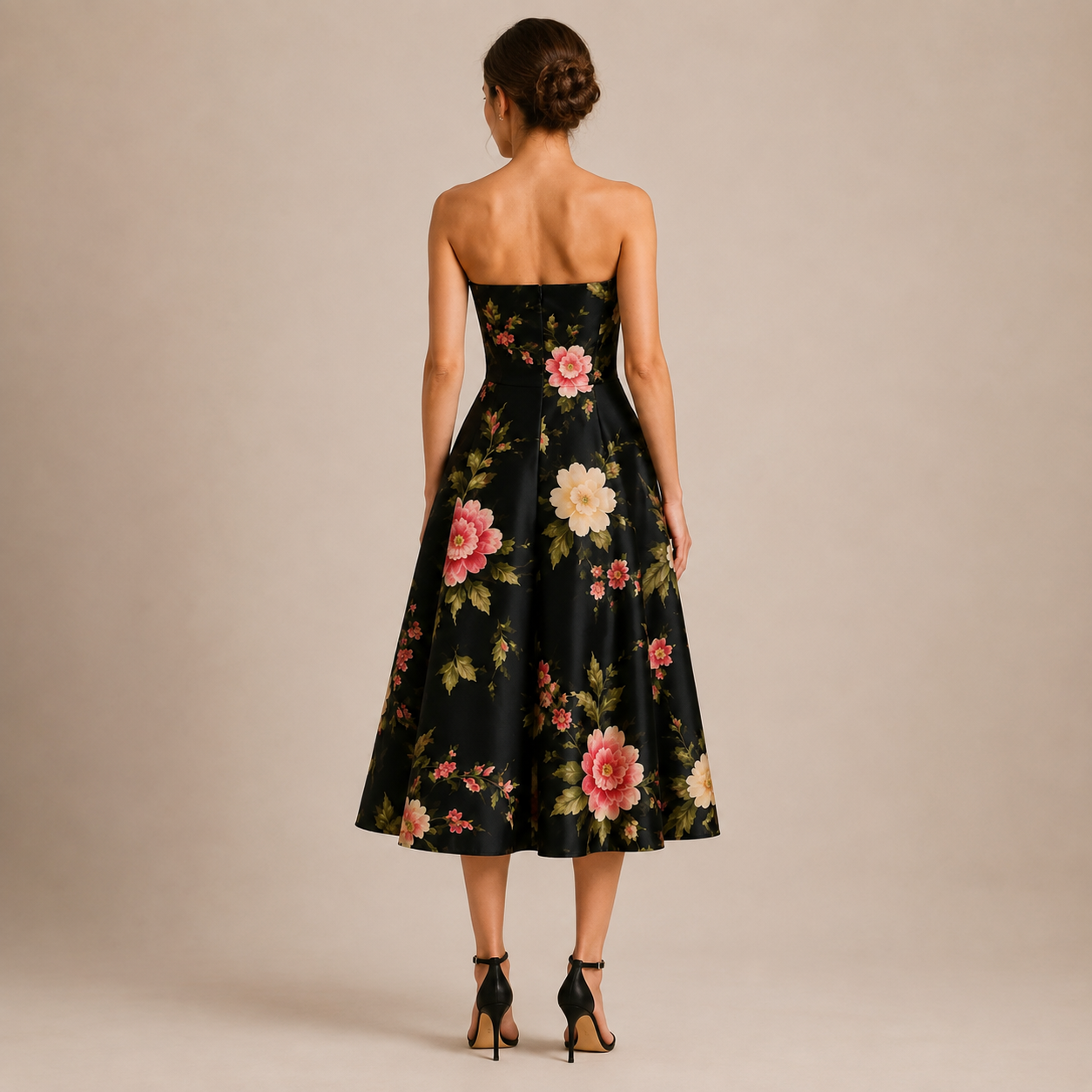 Aurelle Black Floral Silk Midi Dress