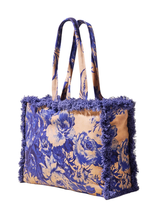 Fringed Box Tote - China Blue Blooms