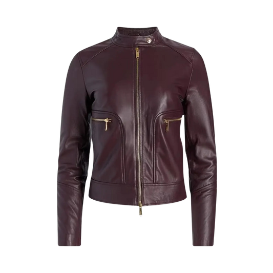 Women's Maroon Leather Biker Jacket with Snap-Tab Collar