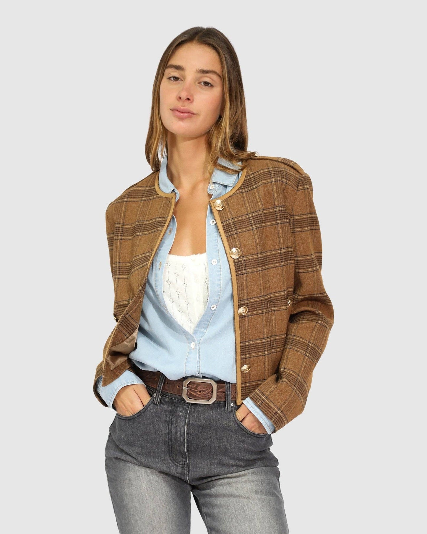 Dynasty Boxy Paisley Jacket - Caramel/Black Check