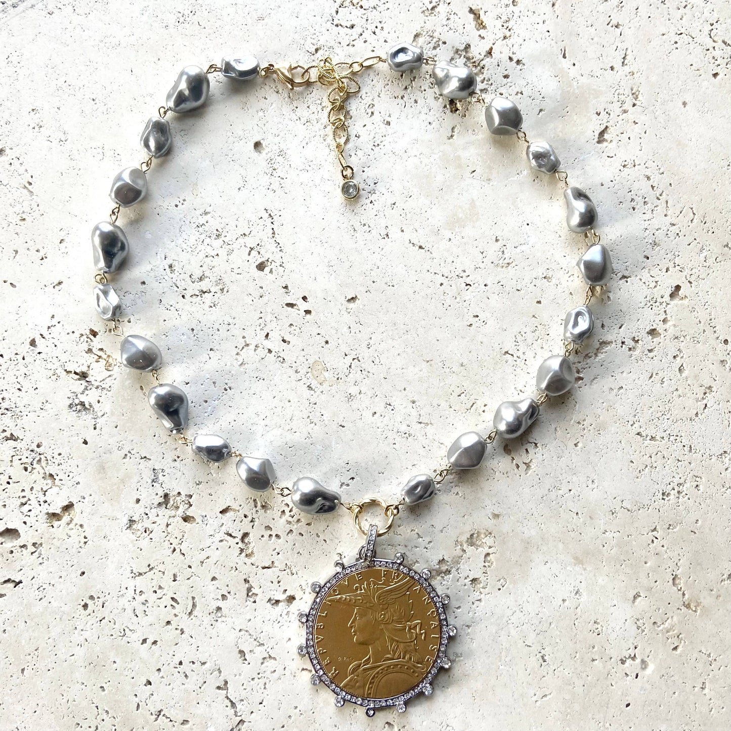French coin necklace vintage style boutique jewelry salon 