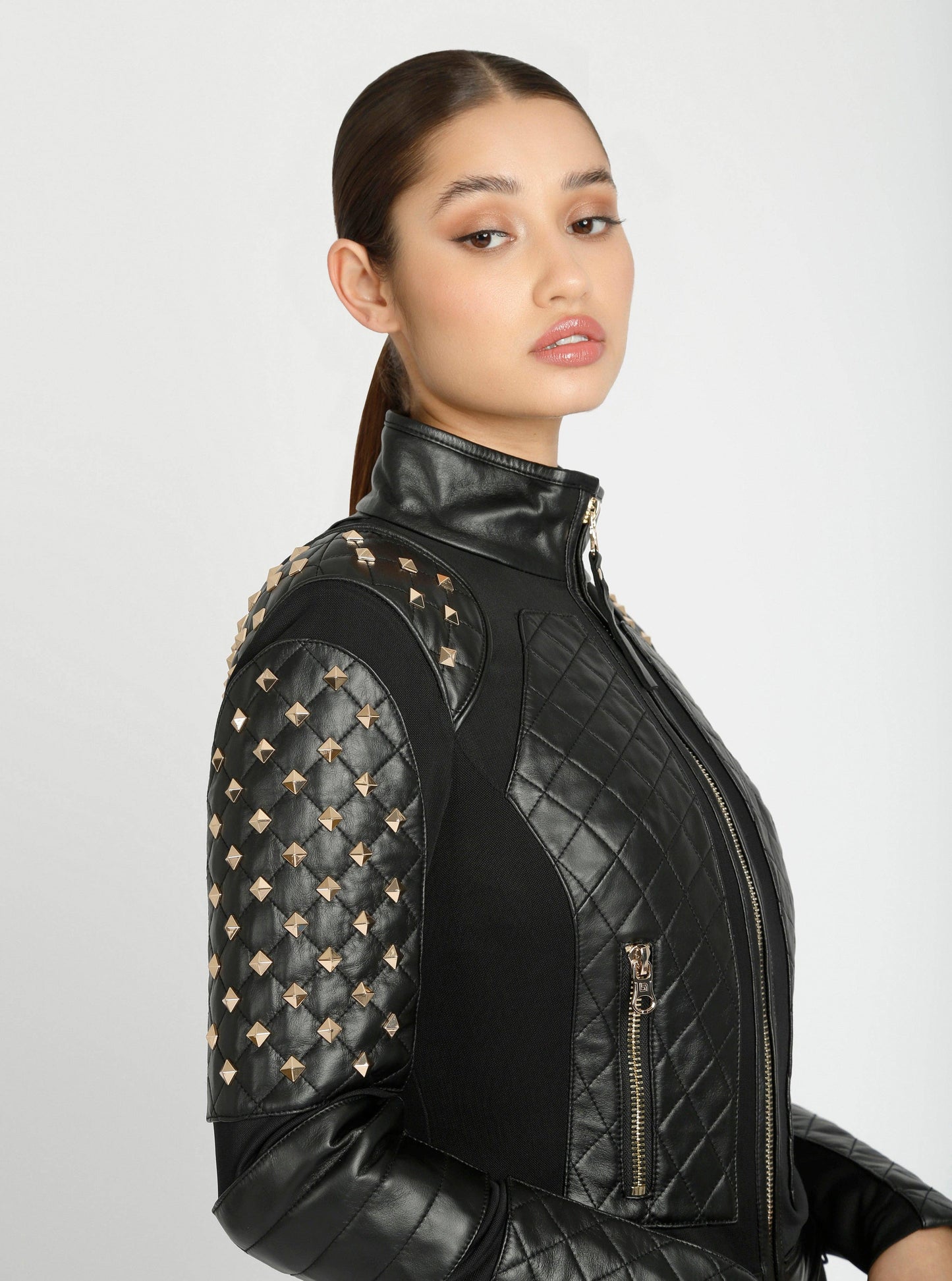 Pyramid Stud Mesh Genuine Leather Moto Jacket