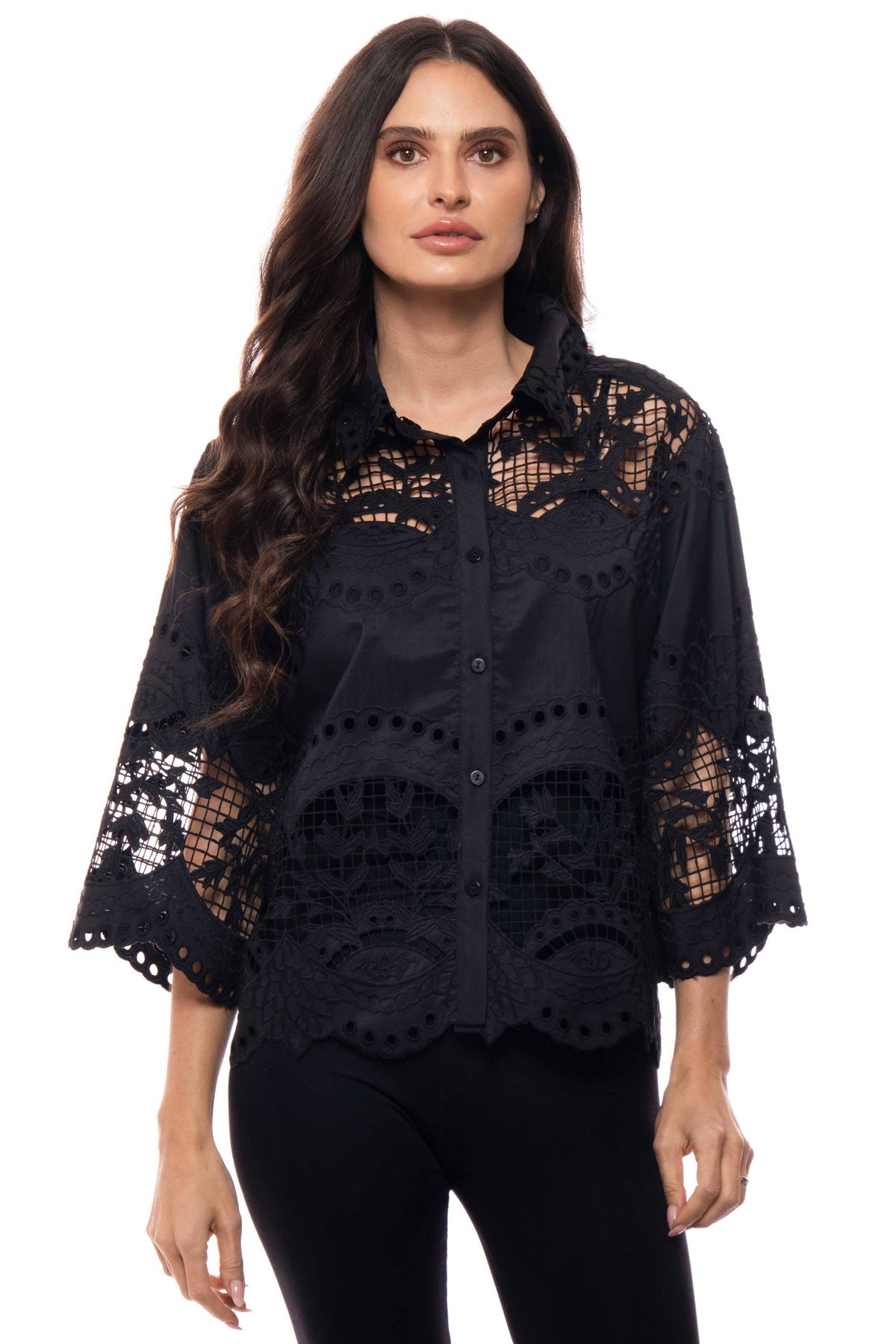 Embroidered Lace Button-Down Blouse