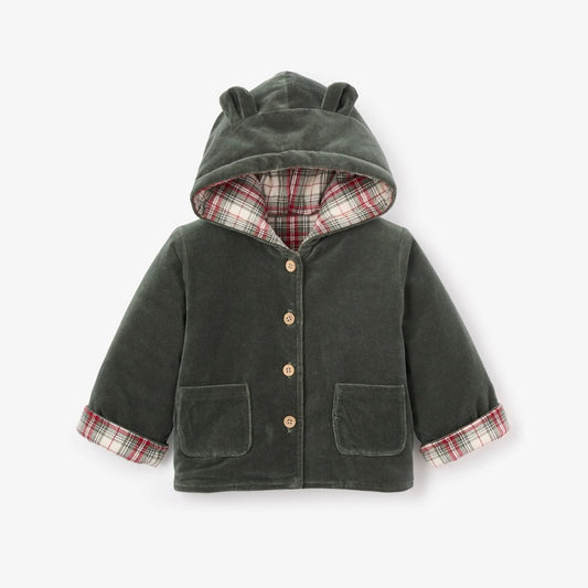 Elegant Baby Velvet Winter Tartan Reversible Coat in Green