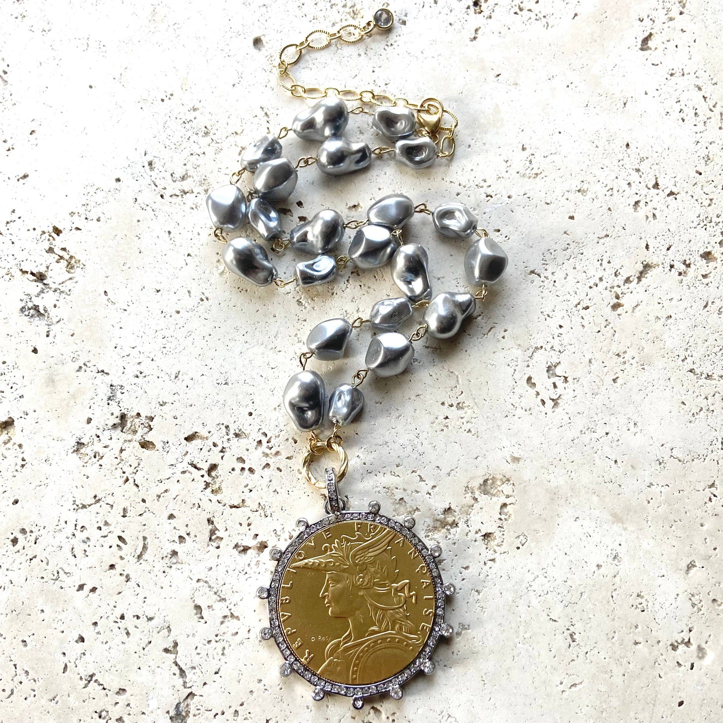 French coin necklace vintage style boutique jewelry salon 