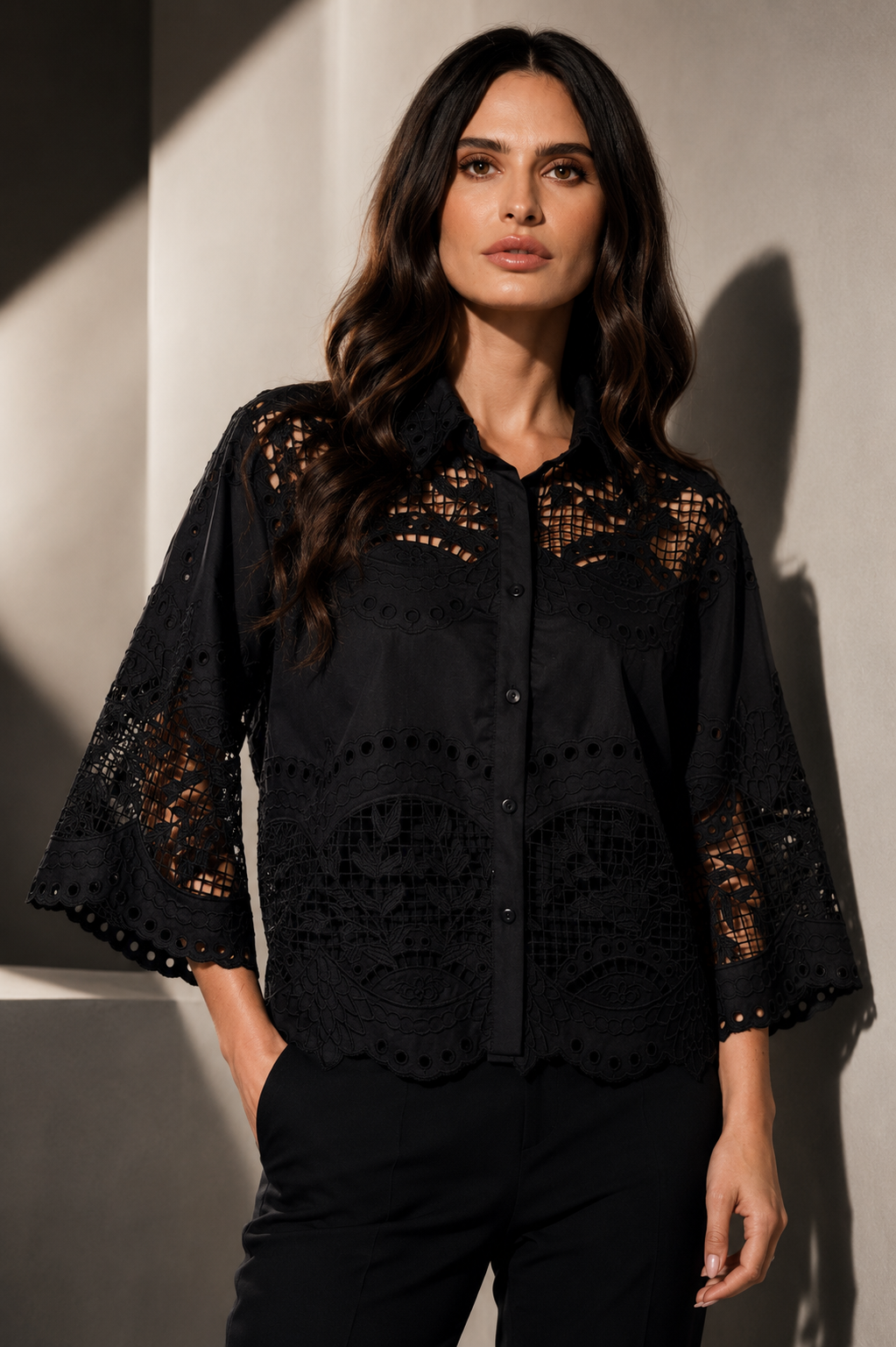 Embroidered Lace Button-Down Blouse