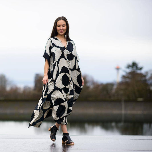 Block print dress Black Silky luxurious soft long - Sunset