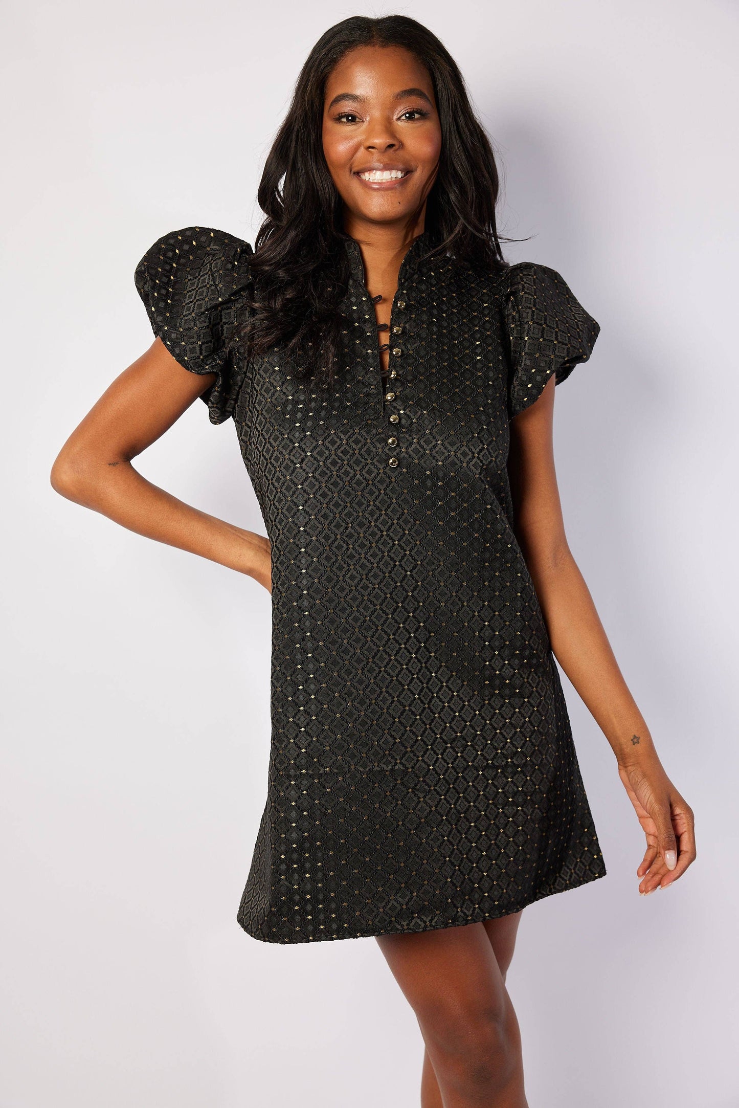 Black & Gold Jacquard Button Front Tunic Dress