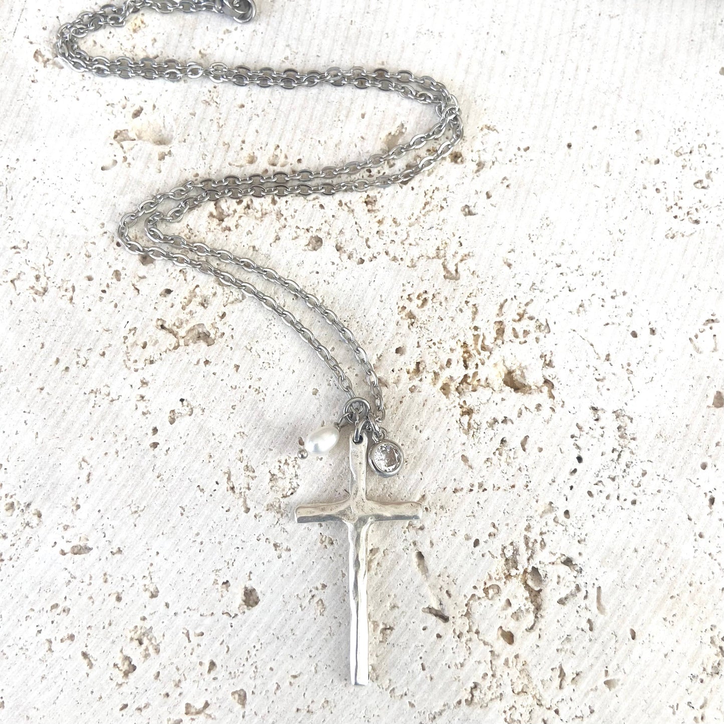 Cross necklace religious jewelry rustic pearl non tarnishing