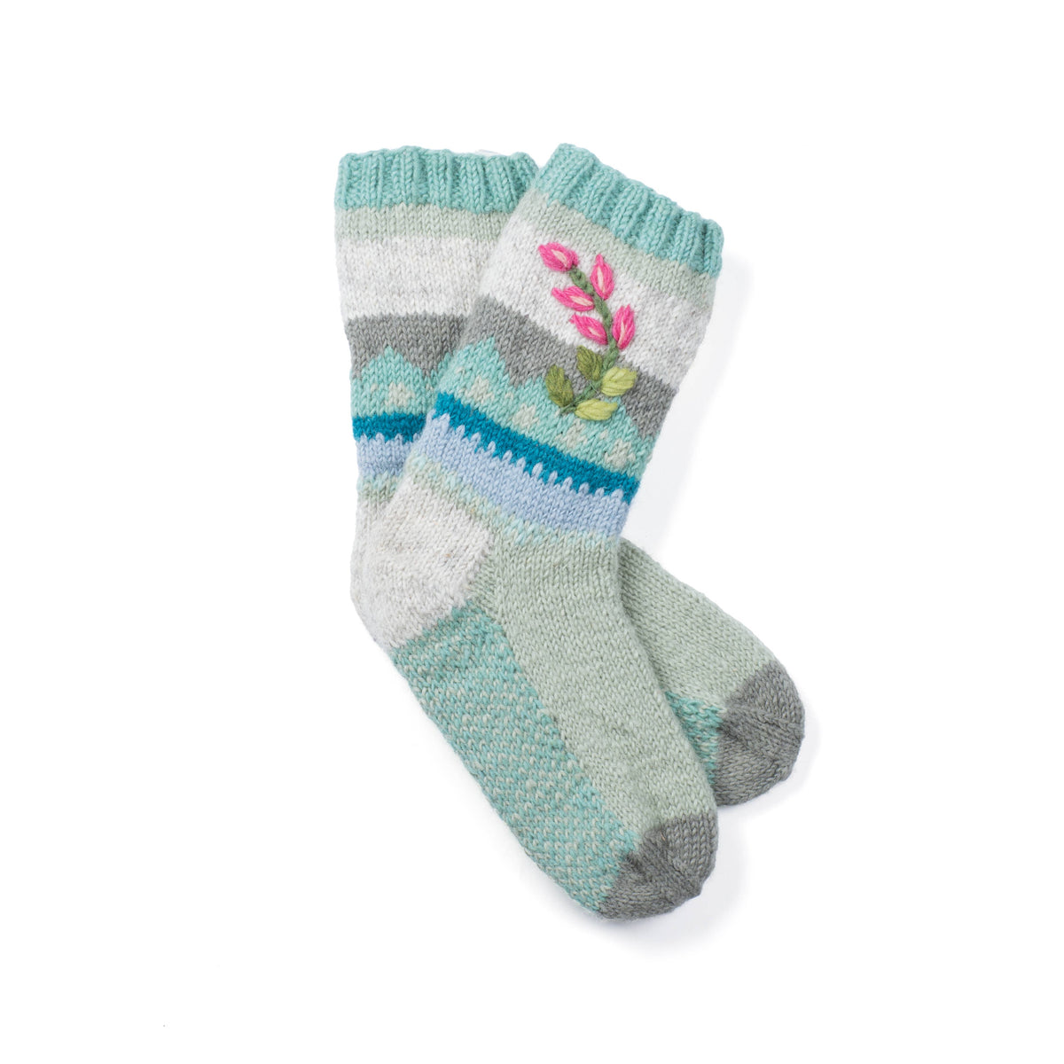 Chloe Wool Hand Knit Socks - Embroidered Floral Design