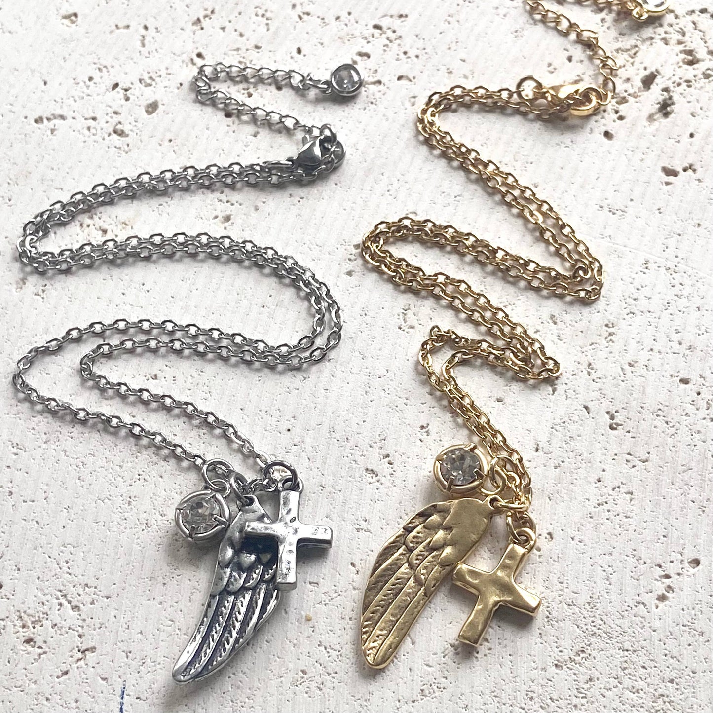 Angel wing cross crystal cluster necklace handmade jewelry 