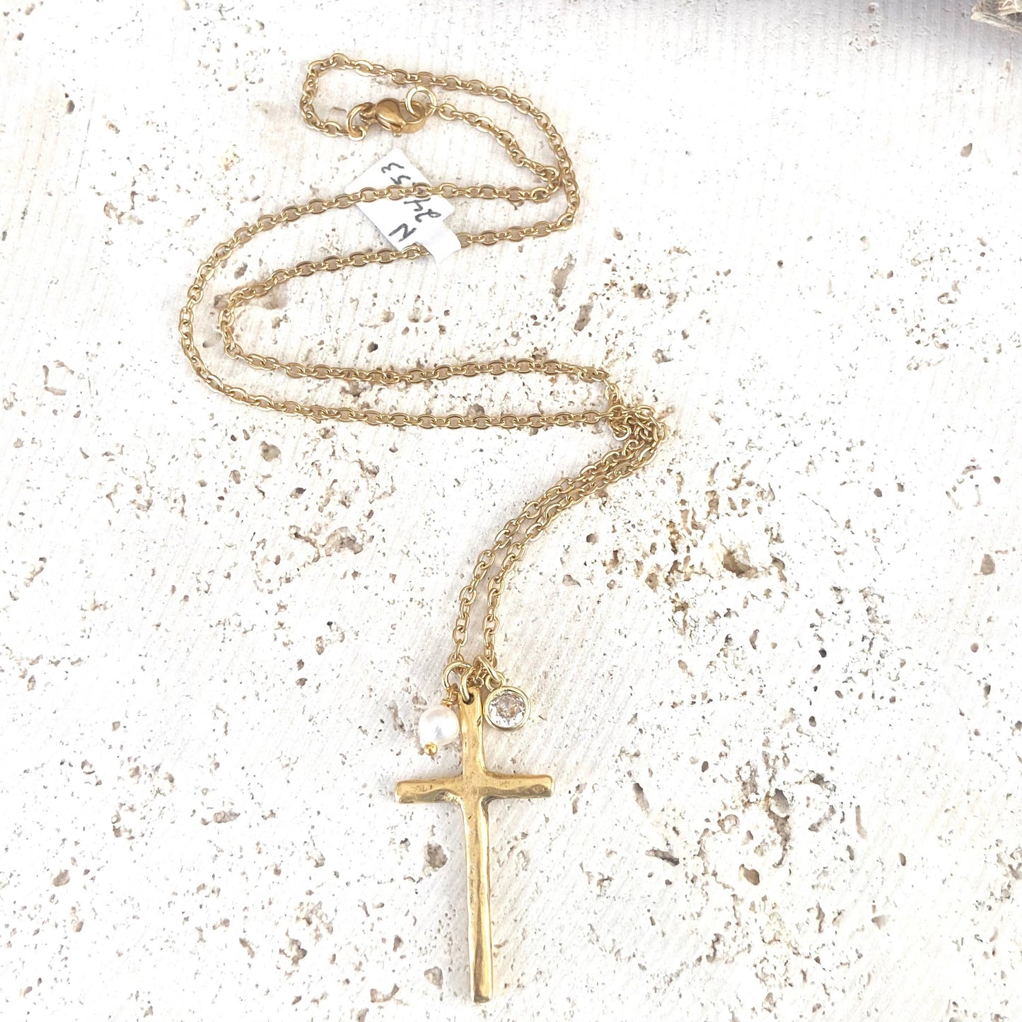 Cross necklace religious jewelry rustic pearl non tarnishing