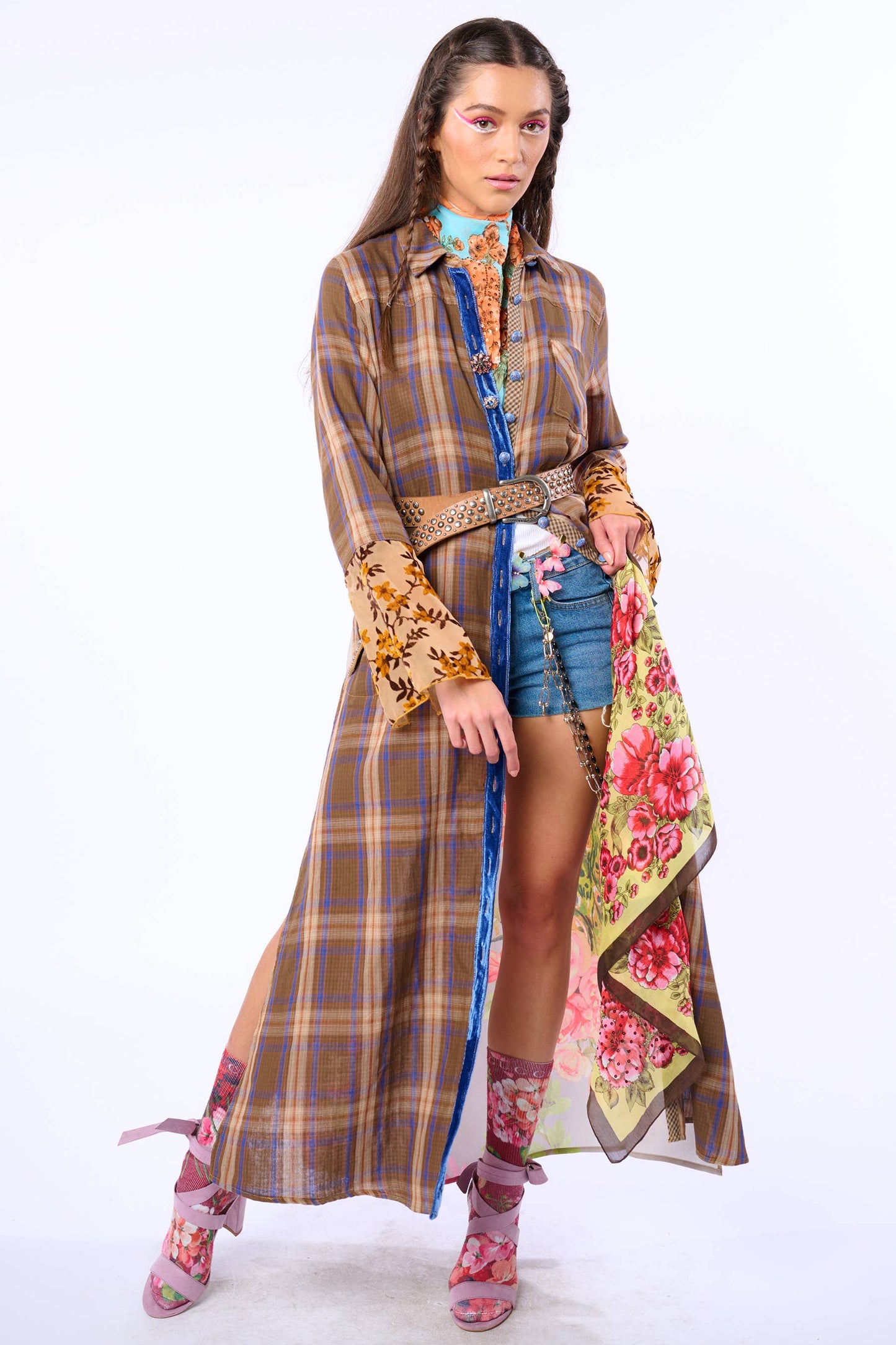 Anna Button Up Shirt Dress | Plaid Maxi | Peacock Print
