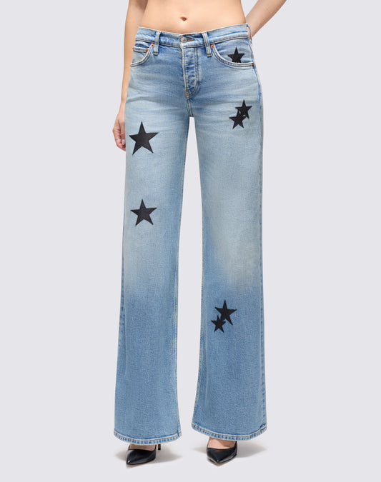 RE/DONE Opal Indigo Star mid rise wide leg jeans, front